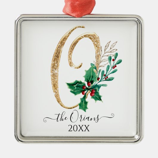Monogram O Gold Glitter Kerstmis Holly Foliage Metalen Ornament (Voorkant)