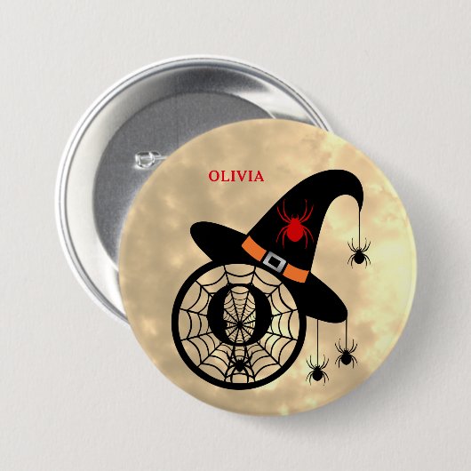 Monogram O Halloween Sky Witch Spiders Name Button (Voorkant /achterkant)