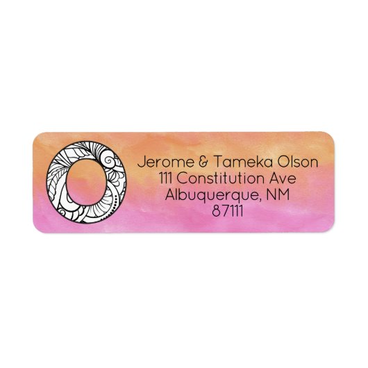 Monogram "O"-hoek Oranje roze Waterverf Etiket (Voorkant)