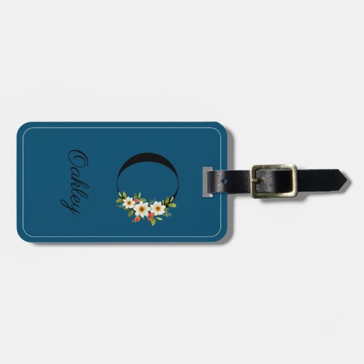 Monogram O kobalt waterverf bloem Bagagelabel (Voorkant horizontaal)