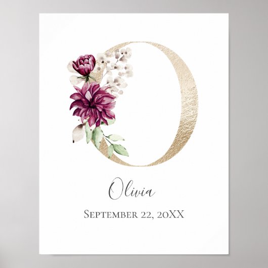 Monogram O Roze witte Floral Gold Letter Nursery Poster (Voorkant)