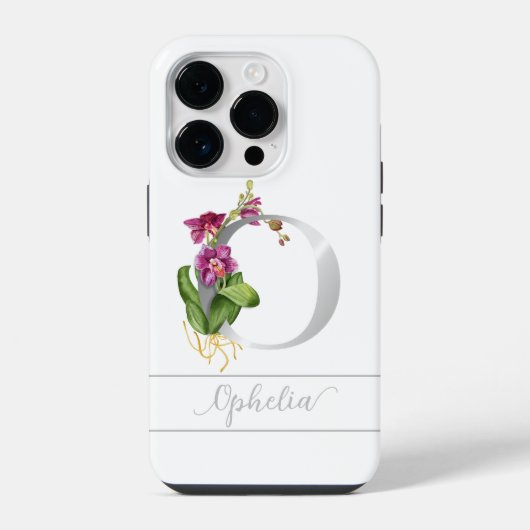 Monogram O zilveren script naam roze orchidee Wit iPhone Hoesje (Achterkant)