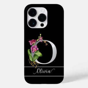 Monogram O zilveren scriptnaam roze orchidee zwart Case-Mate iPhone 14 Pro Hoesje