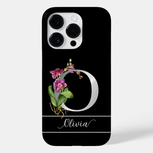 Monogram O zilveren scriptnaam roze orchidee zwart Case-Mate iPhone Case (Achterkant)