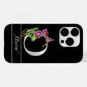 Monogram O zilveren scriptnaam roze orchidee zwart Case-Mate iPhone Case (Achterkant (horizontaal))