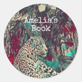 Monogram Oerwoud Kat Bladplaat Ronde Sticker (Voorkant)