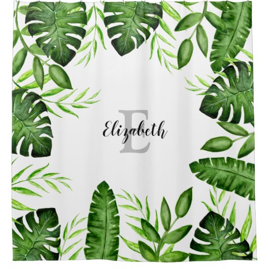 Monogram Oerwoud Tropical Leaves Planten Script Douchegordijn (Voorkant)
