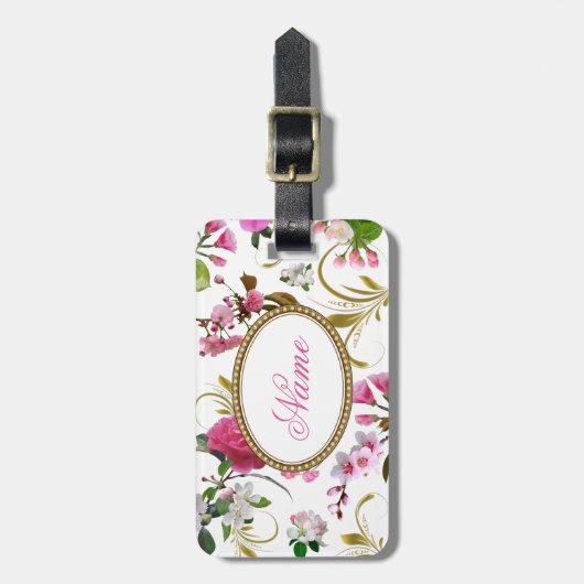 Monogram of Aangepaste naam Roze Bloemen Bagagelabel (Voorkant verticaal)