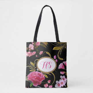 Monogram of Aangepaste Tekst Roze Bloemen Tote Bag