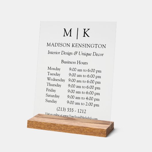Monogram of Logo toevoegen Bedrijfsuren wissen Acryl Bord (Hoek)