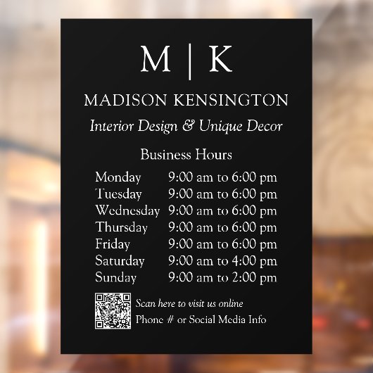 Monogram of Logo Zakelijke uren QR-code Zwart Raamsticker (Vel 2)