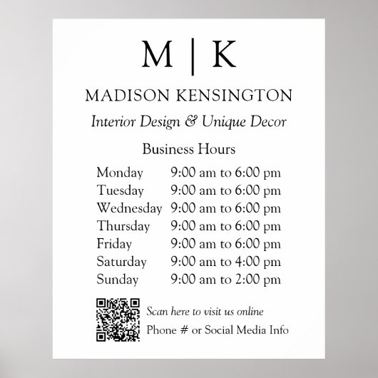 Monogram of voeg de Code van de Bedrijfsuren van d Poster (Voorkant)