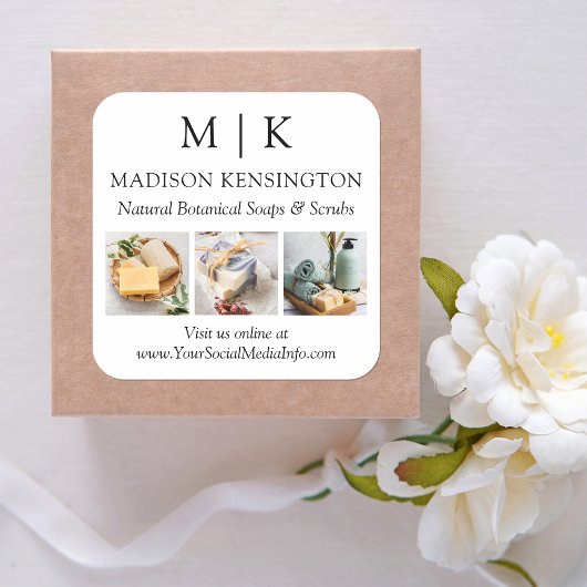 Monogram of voeg Logo Business 3 Foto's toe Vierkante Sticker