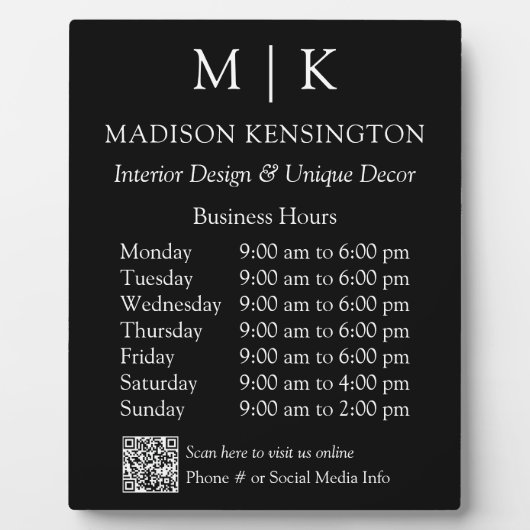 Monogram of voeg Logo Business Hours QR Code Black Fotoplaat (Voorkant)
