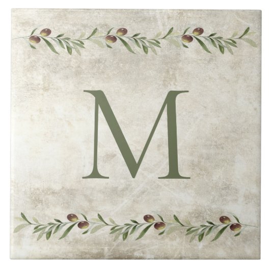 Monogram Olijf & takken Rustiek gepersonaliseerd Tegeltje (Voorkant)