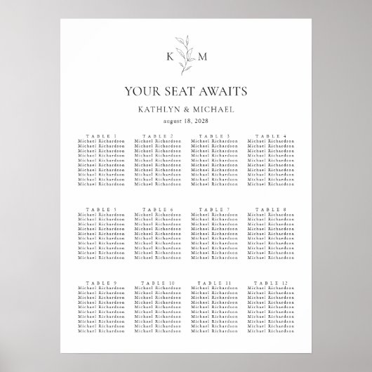 Monogram Olijfblad Bruiloft 12 Tafel Zitgrafiek Poster (Voorkant)