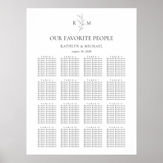 Monogram Olijfblad Bruiloft 16 Tafel Zitgrafiek Poster (Voorkant)