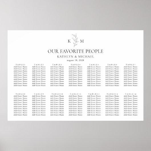 Monogram Olijfblad Bruiloft 17 Tafel Zitgrafiek Poster (Voorkant)