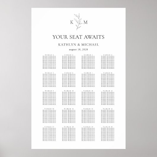 Monogram Olijfblad Bruiloft 20 Tafel Zitgrafiek Poster (Voorkant)
