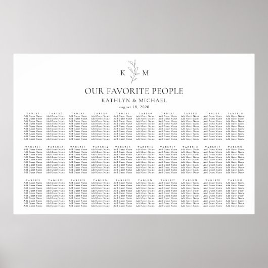 Monogram Olijfblad Bruiloft 30 Tafel Zitgrafiek Poster (Voorkant)