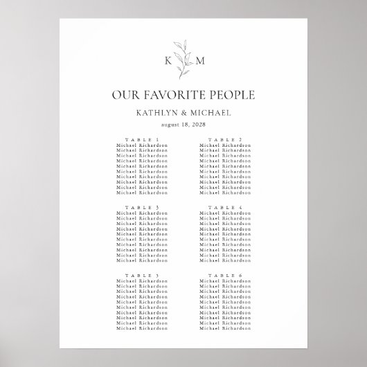 Monogram Olijfblad Bruiloft 6 Tafel Zitkaarten Poster (Voorkant)