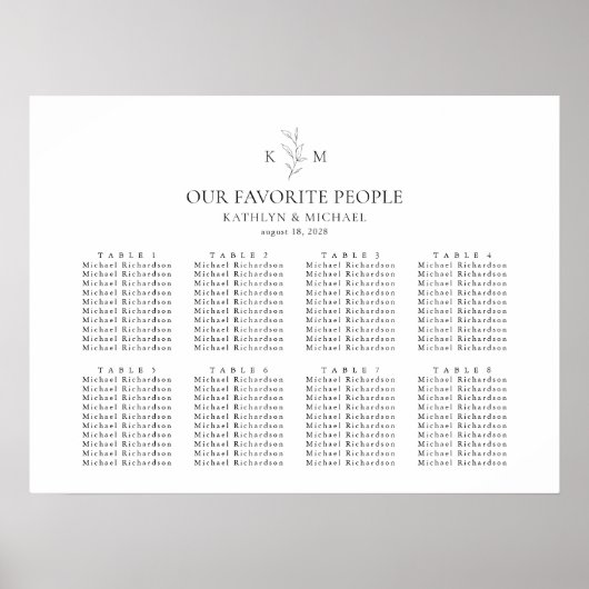 Monogram Olijfblad Bruiloft 8 Tafel Zitkaarten Poster (Voorkant)