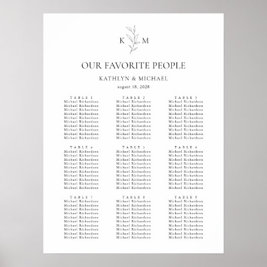 Monogram Olijfblad Bruiloft 9 Tafel Zitkaarten Poster (Voorkant)