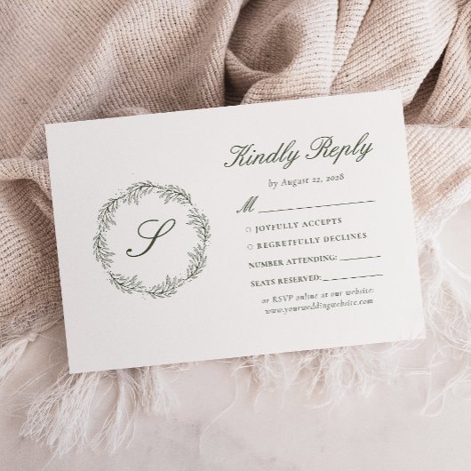 Monogram Olijfgroene Krans Bruiloft RSVP Kaartje
