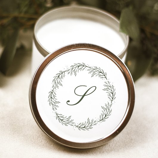 Monogram Olijfgroene Krans Classic Script Wedding Ronde Sticker
