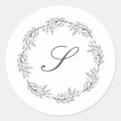 Monogram Olijfgroene Krans Classic Script Wedding Ronde Sticker (Voorkant)