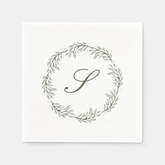 Monogram Olijfgroene Krans Classic Script Wedding Servet (Voorkant)