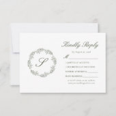 Monogram Olijfgroene Krans Trouwen RSVP Kaartje (Voorkant)