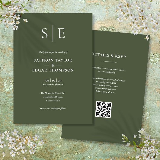 Monogram Olijfgroene QR Code Trouwkaart Kaart