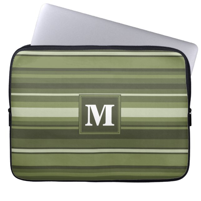 Monogram olijfgroene strepen laptop sleeve (Voorkant)
