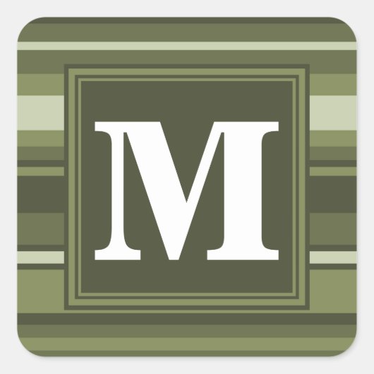 Monogram olijfgroene strepen vierkante sticker (Voorkant)