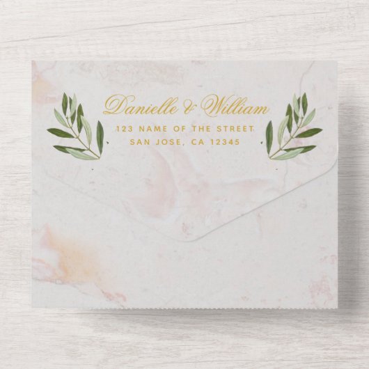 Monogram Olive Branch Wedding Elegant Faux Gold All In One Uitnodiging (Achterkant)