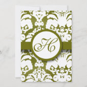 Monogram Olive Damask Wedding Invitation Kaart (Voorkant)