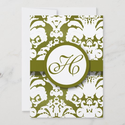Monogram Olive Damask Wedding Invitation Kaart (Voorkant)