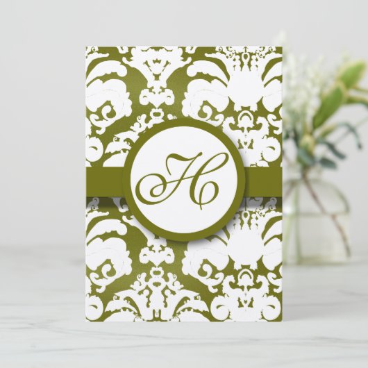 Monogram Olive Damask Wedding Invitation Kaart (Staand voorkant)