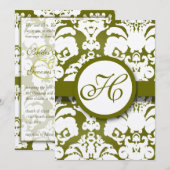 Monogram Olive Damask Wedding Invitation Kaart (Voorkant / Achterkant)