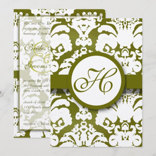 Monogram Olive Damask Wedding Invitation Kaart (Voorkant / Achterkant)