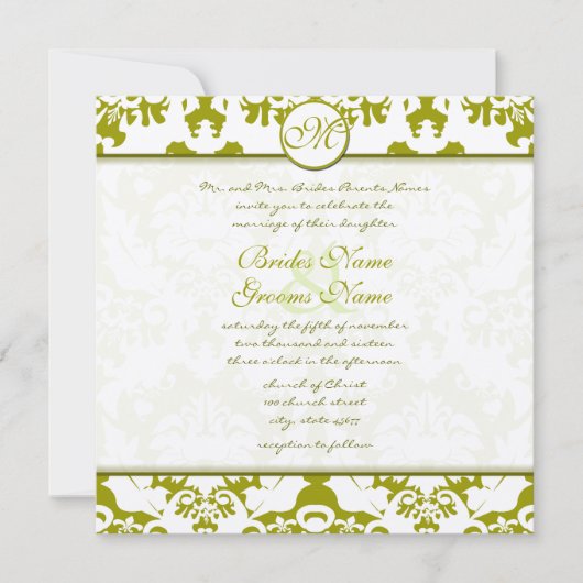 Monogram Olive Limoen Damask Wedding Invitation Kaart (Voorkant)