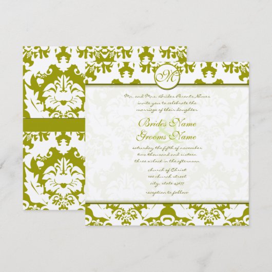 Monogram Olive Limoen Damask Wedding Invitation Kaart (Voorkant / Achterkant)