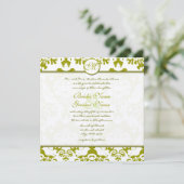Monogram Olive Limoen Damask Wedding Invitation Kaart (Staand voorkant)