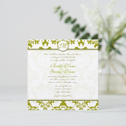 Monogram Olive Limoen Damask Wedding Invitation Kaart (Staand voorkant)