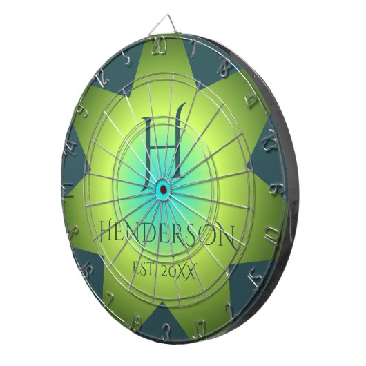 Monogram ombre blauw cyaan blauwgroen groen kleurr dartbord (Voorkant Rechts)