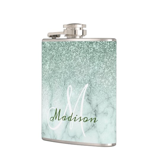 Monogram Ombre Mint Green Marble Glitter Heupfles (Links)