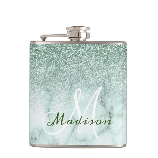 Monogram Ombre Mintgroene Marmer Glitters Heupfles (Voorkant)