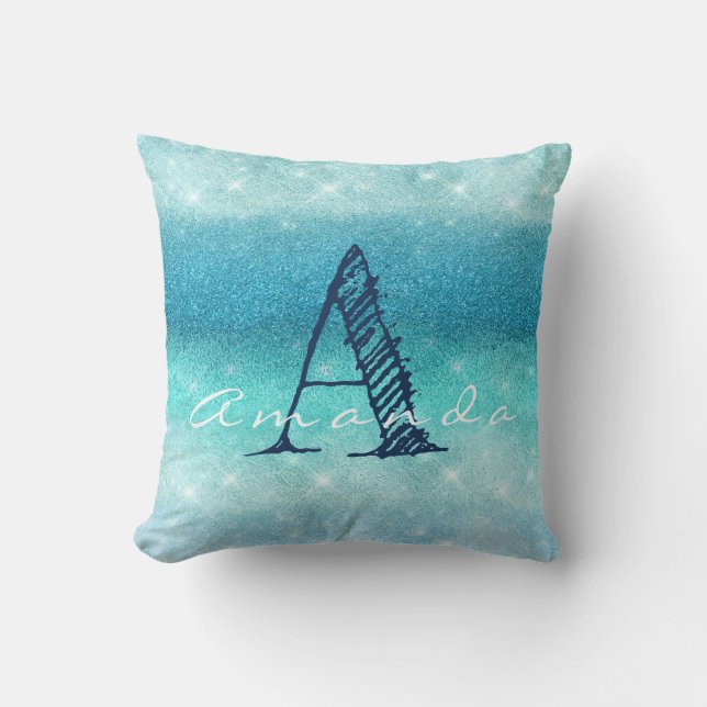 Monogram Ombre Naam Blauw Aqua Ocean Navy Glitte Kussen (Voorkant)