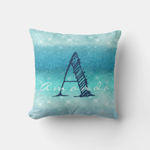 Monogram Ombre Naam Tiffany Aqua Ocean Navy Glitte Kussen